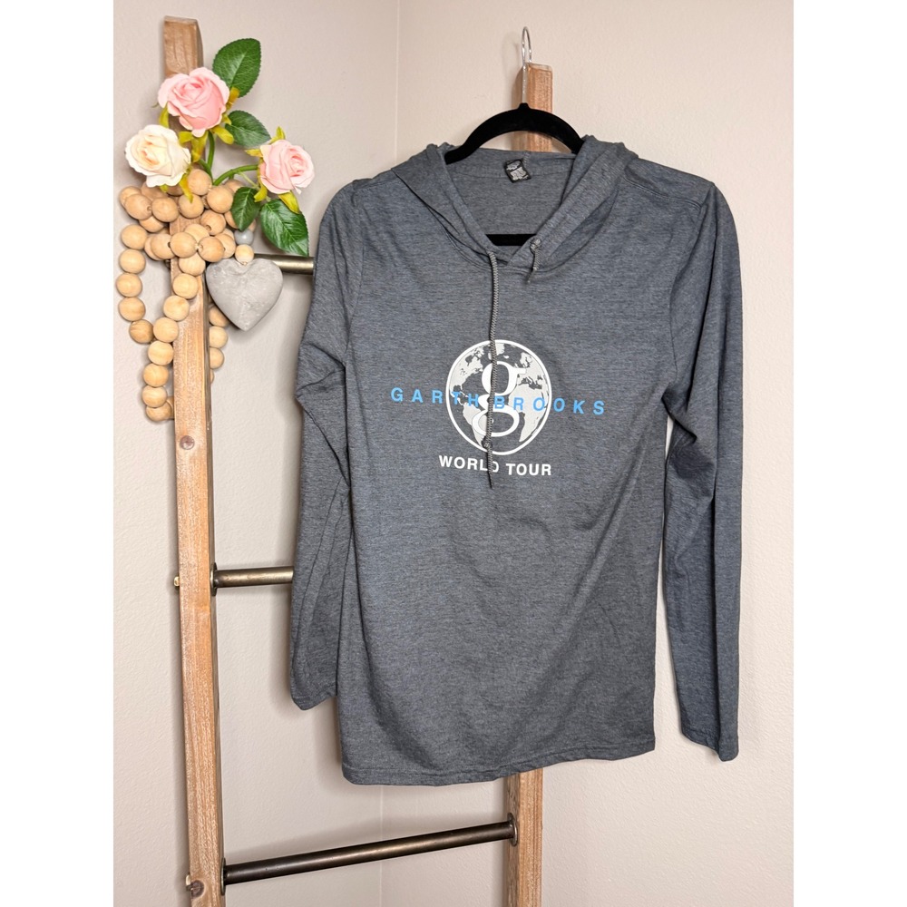 Garth Brooks World Tour Lightweight Hoodie Gray Graphic Long Sleeve Shirt Small